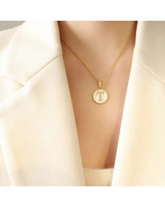 Letter T Titanium Steel Plating Inlay Shell 18K Gold Plated Pendant Necklace