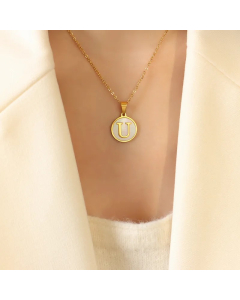 Letter U Titanium Steel Plating Inlay Shell 18K Gold Plated Pendant Necklace
