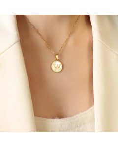 Letter W Titanium Steel Plating Inlay Shell 18K Gold Plated Pendant Necklace