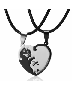 Cartoon Style Heart Shape Cat Titanium Steel Pendant Necklace-Black-01