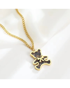 INS Style Cute Little Bear Heart Shape Bow Knot Titanium Steel Plating Inlay Artificial Leather Shell 18K Gold Plated Pendant Necklace