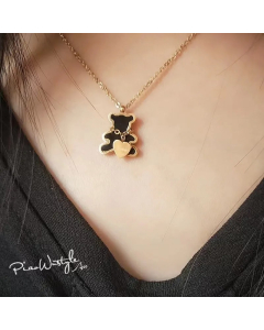 INS Style Cute Little Bear Heart Shape Bow Knot Titanium Steel Plating Inlay Artificial Leather Shell 18K Gold Plated Pendant Necklace