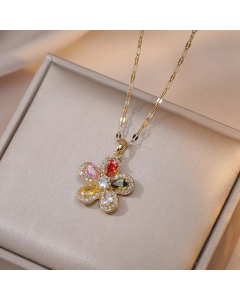 Gold Color Flower Titanium Steel Inlay Zircon Pendant Necklace