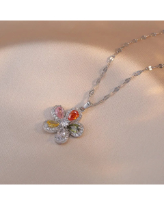 Steel Color Flower Titanium Steel Inlay Zircon Pendant Necklace