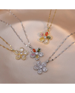Elegant Lady Flower Titanium Steel Inlay Zircon Pendant Necklace_colorza_4