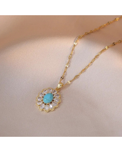 Colorza Elegant Luxurious Sweet Oval Titanium Steel Inlaid Zircon Pendant Necklace-Gold Color-Blue