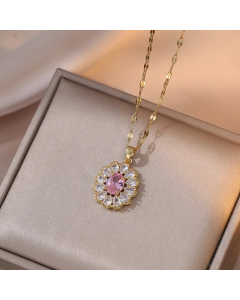 Colorza Elegant Luxurious Sweet Oval Titanium Steel Inlaid Zircon Pendant Necklace-Gold Color-Pink
