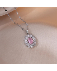 Colorza Elegant Luxurious Sweet Oval Titanium Steel Inlaid Zircon Pendant Necklace-Steel Color-Pink