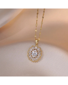 Colorza Elegant Luxurious Sweet Oval Titanium Steel Inlaid Zircon Pendant Necklace-Gold Color-White
