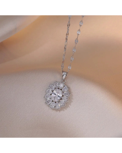 Colorza Elegant Luxurious Sweet Oval Titanium Steel Inlaid Zircon Pendant Necklace-Steel Color-White