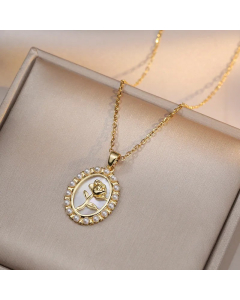 Gold Color Flower Titanium Steel Inlay Artificial Pearls Pendant Necklace