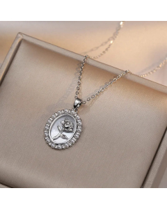 Steel Color Flower Titanium Steel Inlay Artificial Pearls Pendant Necklace
