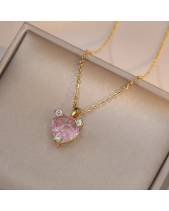 Pink Zircon Inlaid Heart Shape Titanium Steel Pendant Necklace