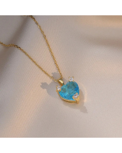 Blue Zircon Inlaid Heart Shape Titanium Steel Pendant Necklace