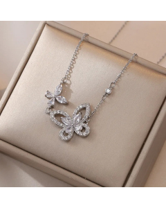 Lady Butterfly Titanium Steel Inlay Zircon Pendant Necklace