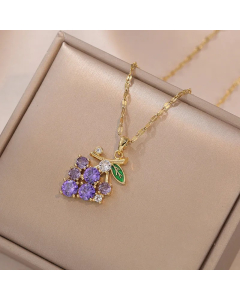 Gold Color Grape Titanium Steel Inlay Zircon Pendant Necklace