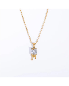 Casual Retro Water Droplets Rectangle Stainless Steel Plating Inlay Zircon 18K Gold Plated Pendant Necklace