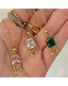 Casual Retro Water Droplets Rectangle Stainless Steel Plating Inlay Zircon 18K Gold Plated Pendant Necklace_colorza_4