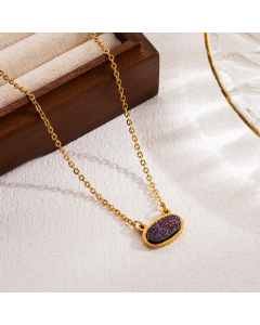 Shiny Oval Stainless Steel Natural Stone 18K Gold Plated Pendant Necklace