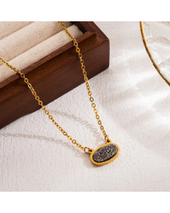 Shiny Oval Stainless Steel Natural Stone 18K Gold Plated Pendant Necklace