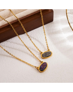 Shiny Oval Stainless Steel Natural Stone 18K Gold Plated Pendant Necklace