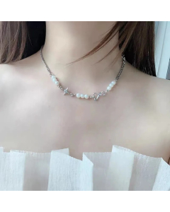 Simple Style Star Bow Knot Titanium Steel Beaded Plating Hollow Out Artificial Pearls Pendant Necklace
