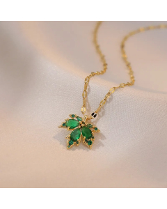 Wholesale Stainless Steel Necklace Maple Leaf Zircon Inlaid Necklace-Gold Color-Green