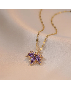 Wholesale Stainless Steel Necklace Maple Leaf Zircon Inlaid Necklace-Gold Color-Purple