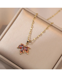 Wholesale Stainless Steel Necklace Maple Leaf Zircon Inlaid Necklace-Gold Color-Orange