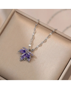 Wholesale Stainless Steel Necklace Maple Leaf Zircon Inlaid Necklace-Steel Color-Purple