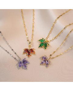 Wholesale Stainless Steel Necklace Maple Leaf Zircon Inlaid Pendant Necklace