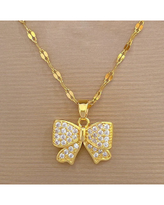 Gold Color Sweet Bow Knot Stainless Steel Copper Inlay Artificial Gemstones Pendant Necklace