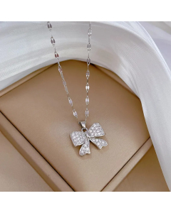 Steel Color Sweet Bow Knot Stainless Steel Copper Inlay Artificial Gemstones Pendant Necklace