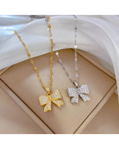 Sweet Bow Knot Stainless Steel Copper Inlay Artificial Gemstones Pendant Necklace_colorza_3
