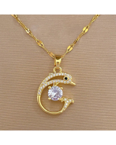 Gold Color Basic Dolphin Stainless Steel Copper Inlay Artificial Gemstones Pendant Necklace