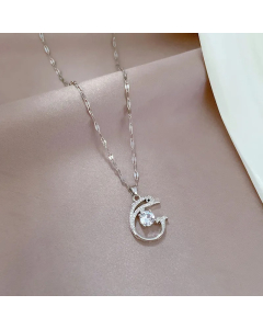 Steel Color Basic Dolphin Stainless Steel Copper Inlay Artificial Gemstones Pendant Necklace