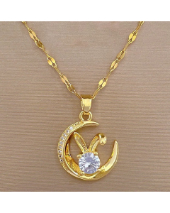 Gold Color Classic Style Moon Stainless Steel Copper Inlay Artificial Gemstones Pendant Necklace