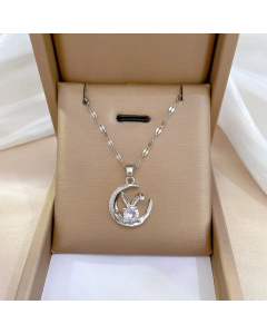 Steel Color Classic Style Moon Stainless Steel Copper Inlay Artificial Gemstones Pendant Necklace
