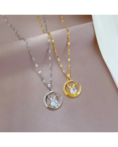 Classic Style Moon Stainless Steel Copper Inlay Artificial Gemstones Pendant Necklace