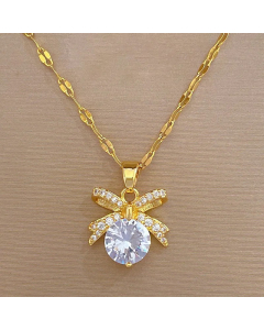 Gold Color Sweet Bow Knot Stainless Steel Copper Inlay Artificial Gemstones Pendant Necklace
