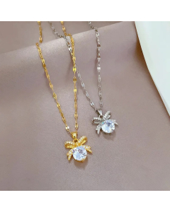 Sweet Bow Knot Stainless Steel Copper Inlay Artificial Gemstones Pendant Necklace_colorza_2