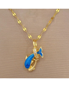 Cute Dolphin Stainless Steel Copper Inlay Artificial Gemstones Pendant Necklace