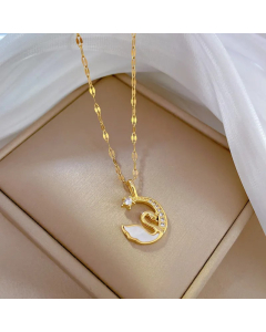Classic Style Swan Moon Stainless Steel Copper Inlay Artificial Gemstones Pendant Necklace
