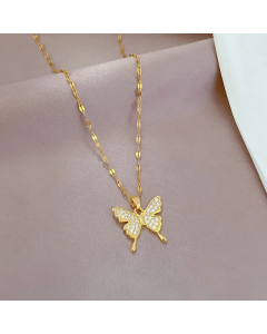 Sweet Butterfly Stainless Steel Copper Inlay Artificial Gemstones Pendant Necklace