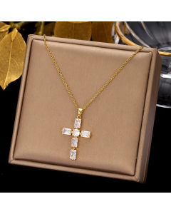 Colorza Simple Style Cross Stainless Steel Plating Inlaid Zircon Pendant Necklace-Gold Color-White