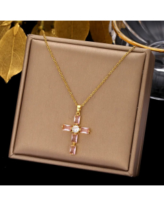 Colorza Simple Style Cross Stainless Steel Plating Inlaid Zircon Pendant Necklace-Gold Color-Pink