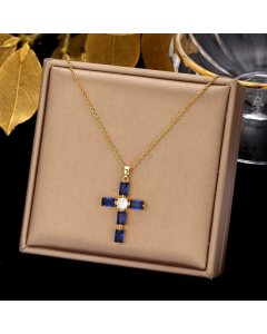 Colorza Simple Style Cross Stainless Steel Plating Inlaid Zircon Pendant Necklace-Gold Color-Blue