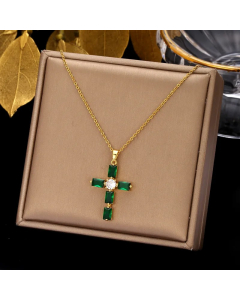 Colorza Simple Style Cross Stainless Steel Plating Inlaid Zircon Pendant Necklace-Gold Color-Green