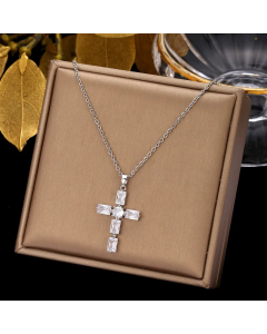 Colorza Simple Style Cross Stainless Steel Plating Inlaid Zircon Pendant Necklace-Steel Color-White