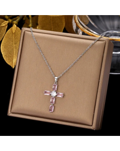 Colorza Simple Style Cross Stainless Steel Plating Inlaid Zircon Pendant Necklace-Steel Color-Pink